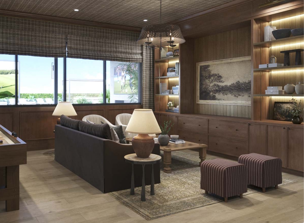 Wood-paneled resident recreation room featuring a shuffleboard table and media center