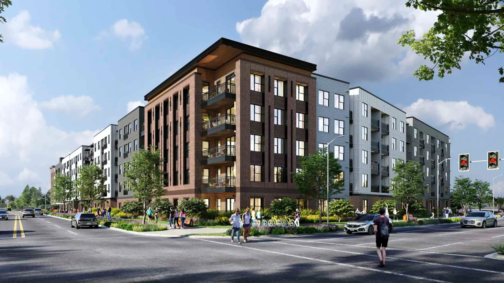 Architectural rendering of a corner view of a modern multi-story brick and white apartment building